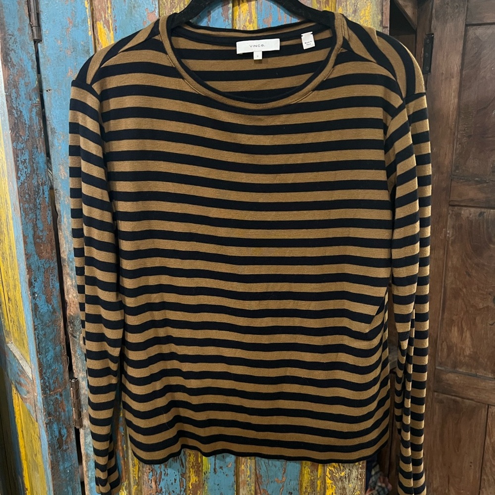 Vince Black and Camel Striped Crewneck Top